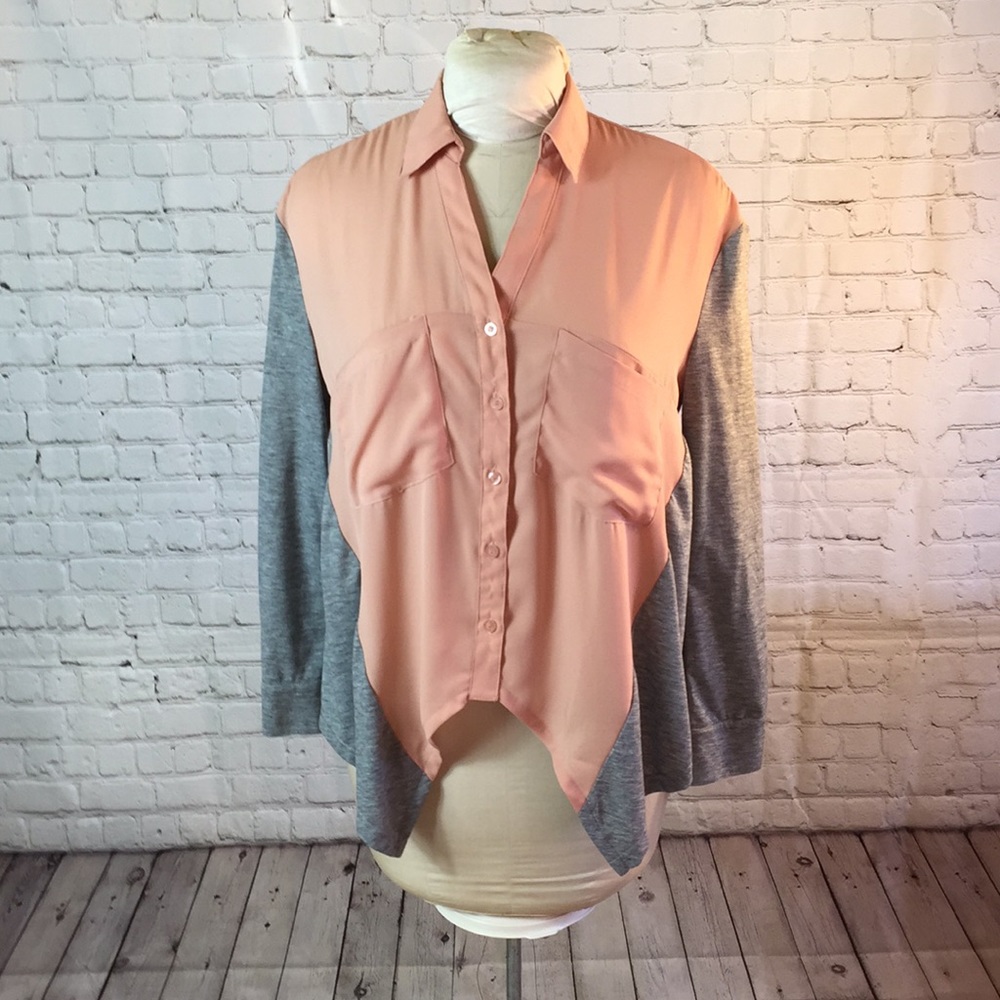 Method peach/gray button-down w asymmetrical hem Blouse top